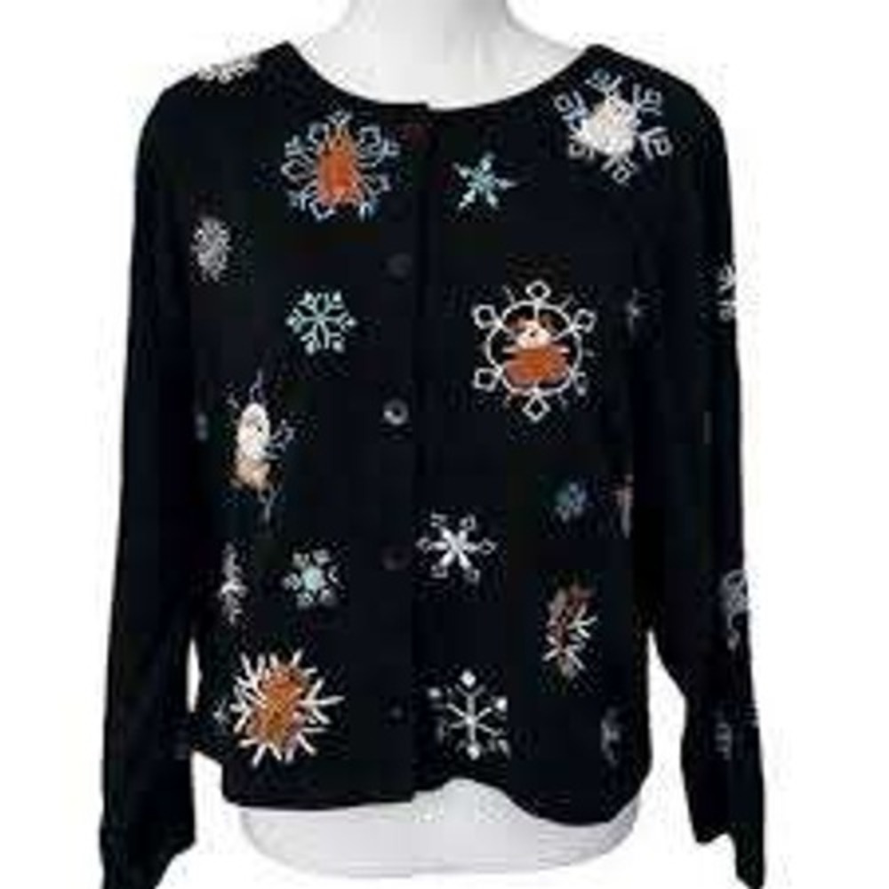 Michael Simon Cardigan Womens Large Black Snowflake Dog Embroidered Sweater